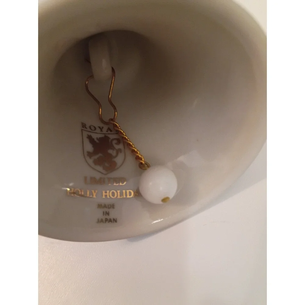 Royal Limited Holly Holiday Porcelain Bell Ornament Christmas Gold Trim Japan